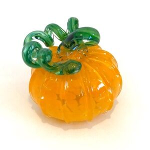 Art Blown Glass Pumpkin Curly Stem 3” Orange and Green